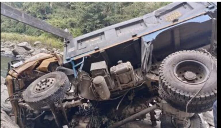 खाई में गिरा डंपर,ड्राइवर की मौके पर मौत