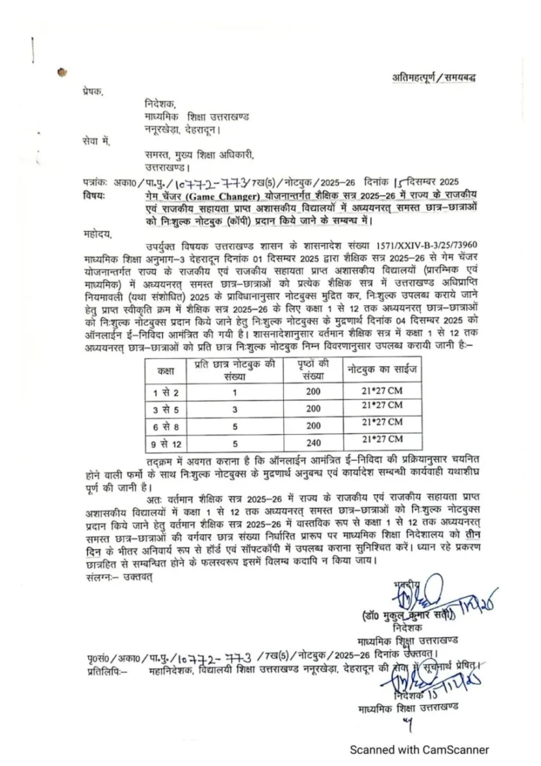 देहरादून:(बड़ी खबर) 12 वी तक के छात्रों को निःशुल्क मिलेगी कॉपी, आदेश जारी